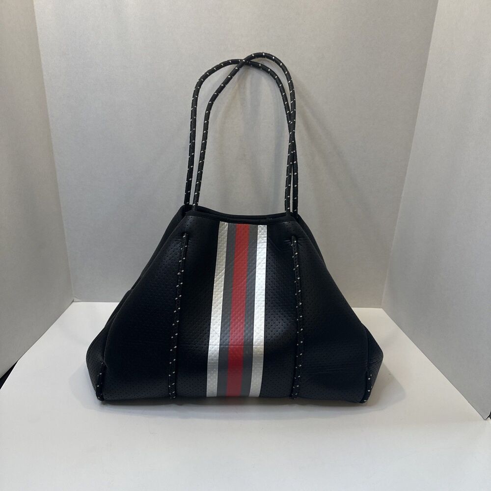 Haute Shore Greyson Avenue Neoprene Tote Bag Black Red Stripe